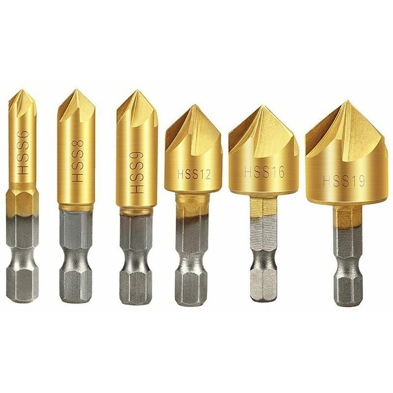 Countersink Drill Bit, Countersink Drill Bit Set 6 Pcs 1/4'' Hex Shank hss 5 Flute Countersink 90 Degree Center Punch Tool Sets For Wood Quick Change