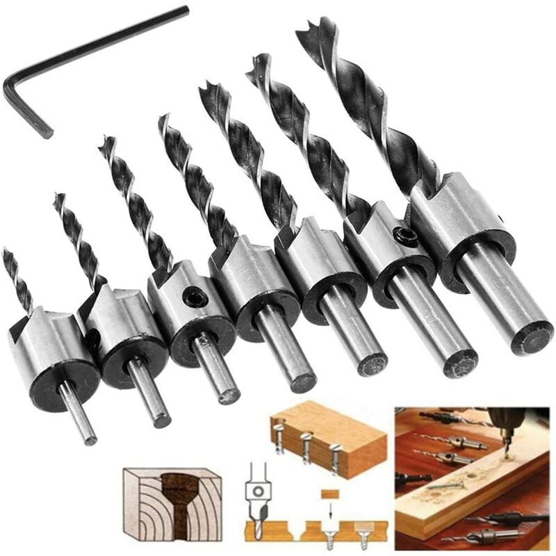 Countersink Drill Bit Set, 8pcs hss 5 Flute Woodworking Countersink Heart Drill Bits Chamfer Cutter 3-10mm