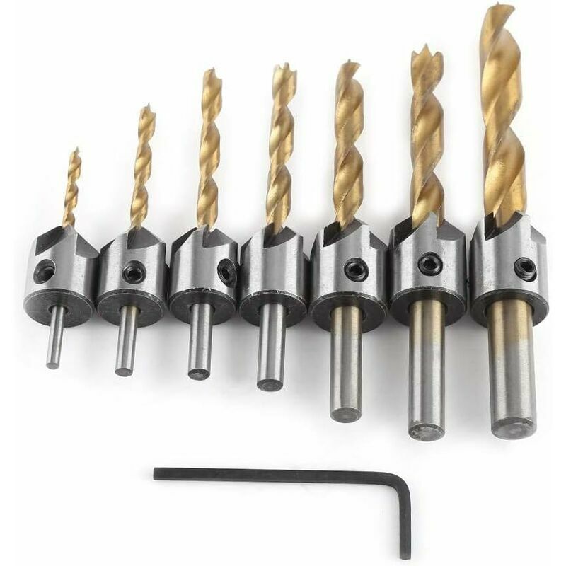 Countersink Round Shank Steel Drill Bits for Chamfering Carpentry with Hex Wrench(3-10mm(3/4/5/6/7/8/10mm))