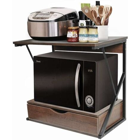 Countertop Microwave Rack Storage Shelving Unit, Small Oven Shelf Microwave Stand with Drawer, Printer Stand for Desktop Storage Organizer (Walnut, 2 tiers with drawer)