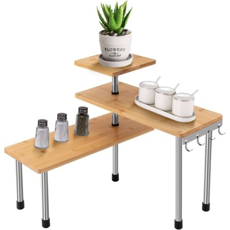 Countertop Organizer, 3 Tier Kitchen Corner Shelf, Bamboo Desktop Shelving Organiser, Adjusted 360 Degrees, 4 Side Hooks, for Kitchen, Bathroom, Counter, Cabinet, Office, Wood