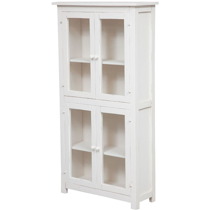 Country-style solid lime wood antiqued white finish Showcase W68xDP25xH130 cm sized display case. Made in Italy