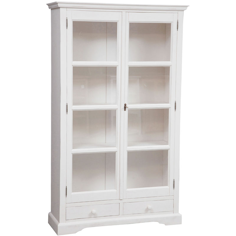 Country-style solid lime wood antiqued white finish W109xDP36xH180 cm sized display cabinet. Made in Italy
