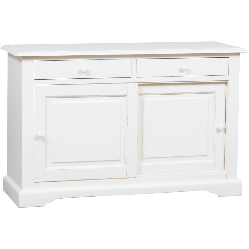 Country-style solid lime wood antiqued white finish W142XDP50XH90cm sized sideboard. Made in Italy