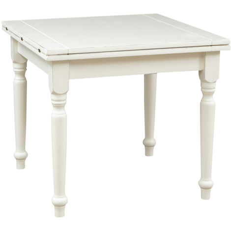 Country-style solid lime wood  antiqued white finish  W90xDP90xH80 cm sized extensible table. Made in Italy