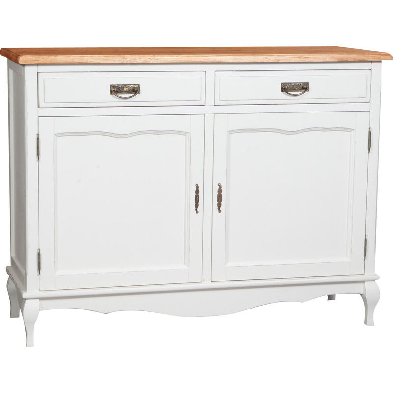 Country-style solid lime wood antiqued white frame natural top W123xDP42xH92,5 cm sized sideboard. Made in Italy