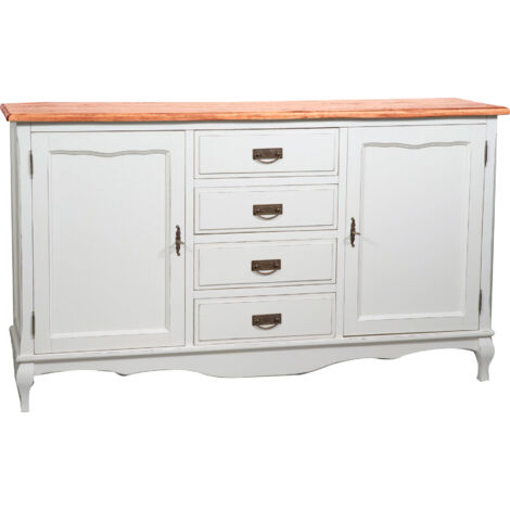 Country-style solid lime wood antiqued white frame top natural finish W160xDP42xH90 cm sized sideboard. Made in Italy