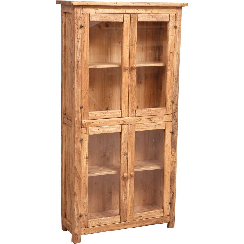Country-style solid lime wood, antural finish W68xDP25xH130 cm sized display case. Made in Italy