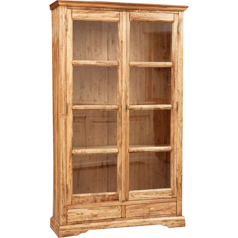 Country-style solid lime wood natural finish W109xDP36xH180 cm sized display case. Made in Italy