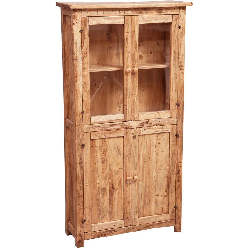 Country-style solid lime wood natural finish W68xDP25xH130 cm sized display case cabinet. Made in Italy