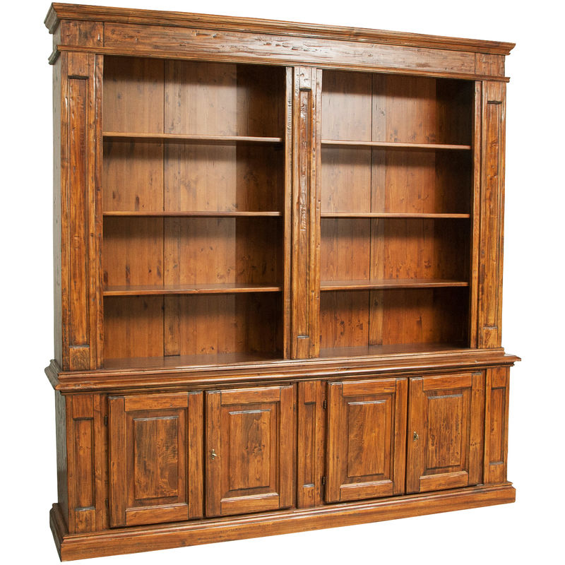 Country-style solid lime wood, walnut finish W230xDP47xH235 cm sized bookcase. Made in Italy