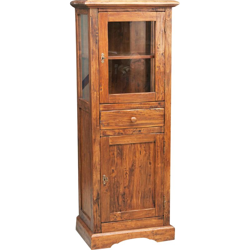 Country -style solid lime wood walnut finish W55xDP43xH150 cm sized display case. Made in Italy