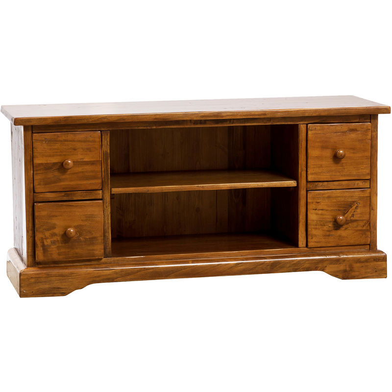 Country-style solid lime wood walnut finishW129xDP40xH60 cm sized tv stand cabinet. Made in Italy