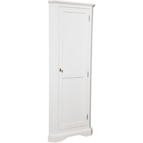 Country-style solid made wood antiqued white finish W50xDP50xH184 cm sized corner cabinet. Made in Italy