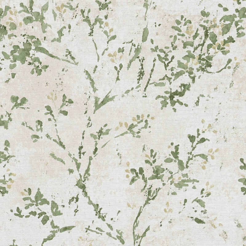 Profhome - Country Style Wallpaper Wall 396504 Hot Embossed Non-woven Wallpaper Slightly Textured With Floral Ornaments Matt Beige Green Gold 5.33 M2