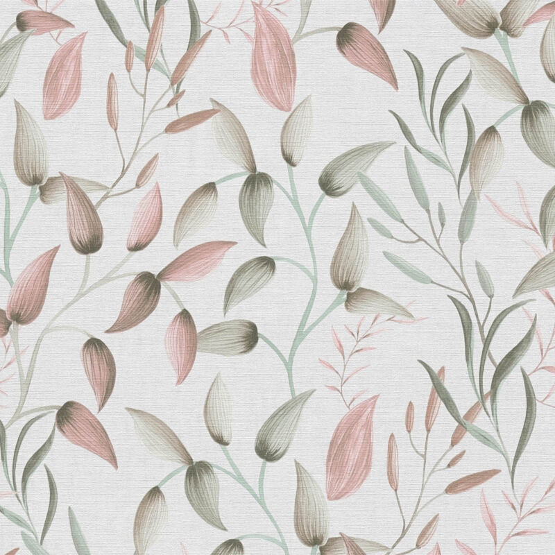 Profhome - Country Style Wallpaper Wall 397451 Hot Embossed Non-woven Wallpaper Slightly Textured With Floral Ornaments Matt Green Pink Cream 5.33 M2