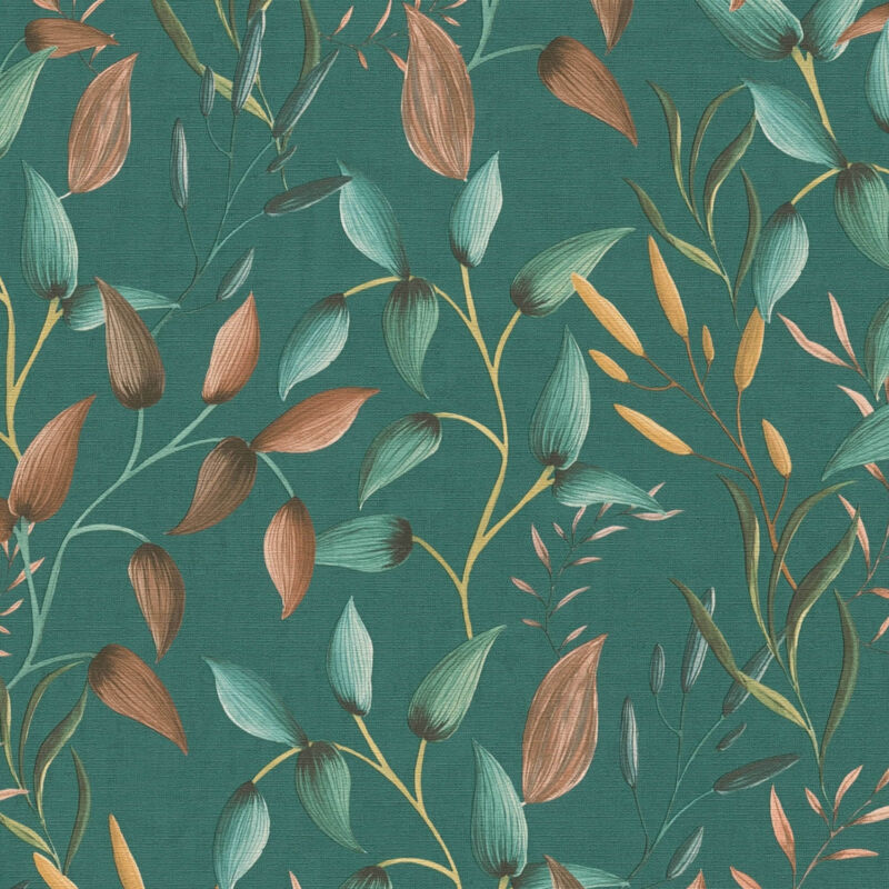 Profhome - Country Style Wallpaper Wall 397454 Hot Embossed Non-woven Wallpaper Slightly Textured With Floral Ornaments Matt Green Teal Orange Yellow