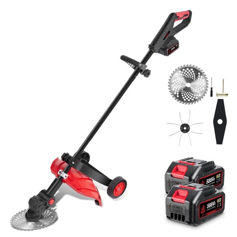 Coupe-bordure à batterie 10 pouces ,Manche pliable de 140 cm,Coupe-herbe avec roues et 3 types de lames,Avec 2x4.0 Ah batteries au lithium