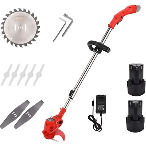IDEKO Coupe Bordure jardin sans Fil 3 en 1 avec 2 batteries rechargeable 3 type de lames longueur Rouge