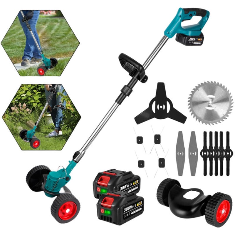 Coupe-bordure sans Fil, 3-in-1 Coupe-bordure à batterie avec 3 Types de Lames, Réglable en Hauteur,Avec deux batteries 388V