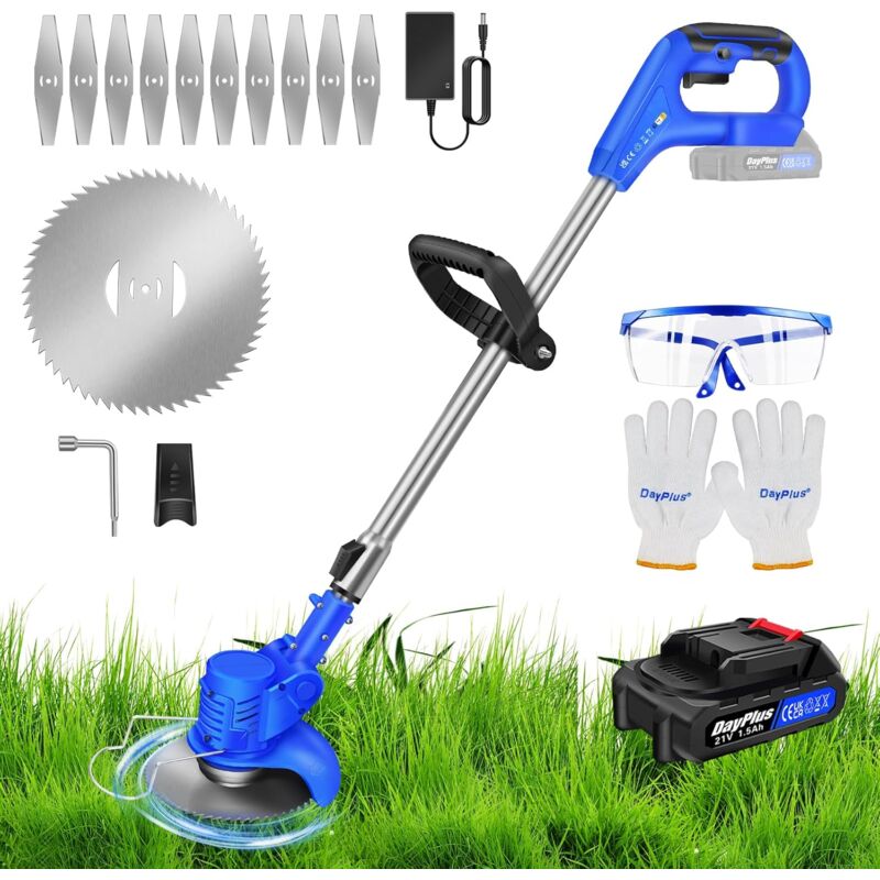 Coupe Bordure sans Fil avec Batterie, 21V Debroussailleuse Electrique sans Fil avec 1.5Ah Lithium Batterie et Lames en Métal, Coupe-Herbe sans Fil