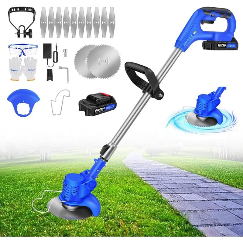 Lucn - Coupe Bordure sans Fil avec Batterie, 21V Débroussailleuse Electrique sans Fil avec 2 Types de Lames pour la Coupe de Jardin, Pelouses et