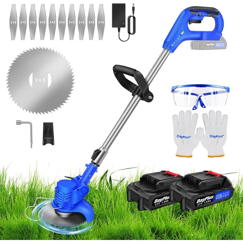 Coupe Bordure sans Fil avec Batterie, 21V Debroussailleuse Electrique sans Fil avec 2pcs 1.5Ah Lithium Batterie et Lames en Métal, Coupe-Herbe sans