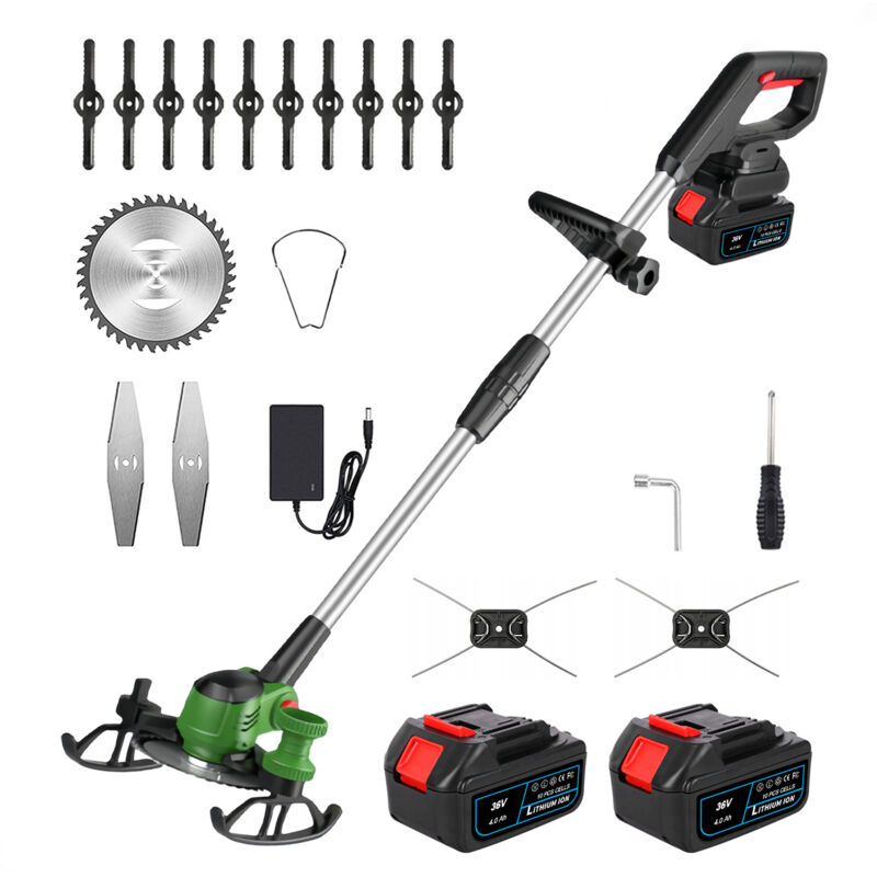 Coupe bordure sans fil et Débroussailleuse 2 en 1 Magicfox avec 2 batteries, roue latérale, rails de guidage pour Pelouse Domestique - Vert