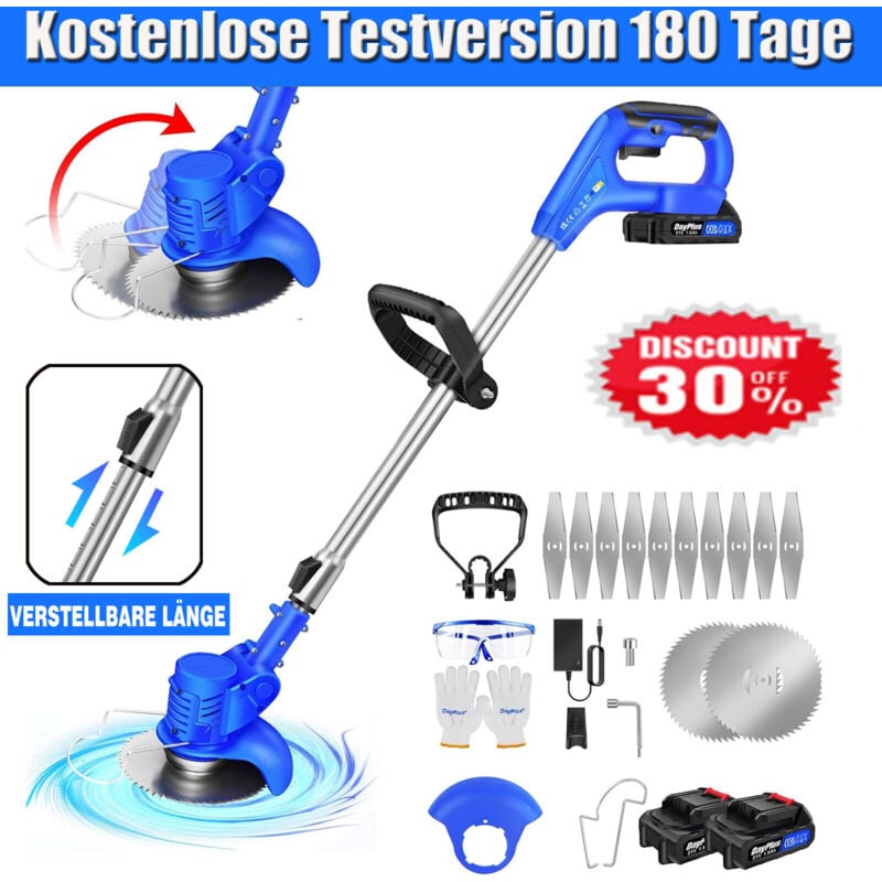 Coupe-bordures sans fil Débroussailleuse électrique Débroussailleuse à moteur Trimmer avec accessoires 2X Batterie rechargeable