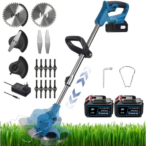 Coupe-Bordures Sans Fil MAGICFOX 36V avec Tube Télescopique, Tête Pivotante et 3 Types de lames - Livré avec 2 Batteries 4.0Ah - Bleu