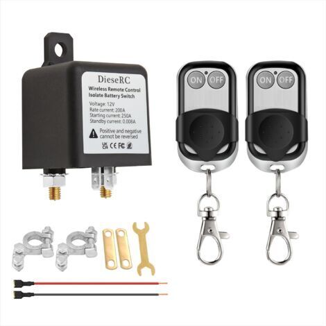 Coupe Circuit Batterie 12v à Télécommande Sans fil, Interrupteur de Relais DC 12V 200A Isolateur de Batterie de Voiture avec 2 émetteurs, Interrupteur Antivol