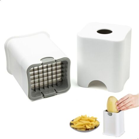 Coupe Frites Manuel, Decoupe Frite Rapide avec Grilles de Coupe en Acier Inoxydable, Coupe Légumes Multifonctions pour Pommes de Terre, Carottes, Concombres et Oignons (Blanc)