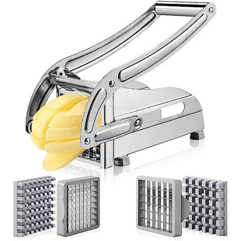 Coupe-frites/trancheuse à pommes de terre en acier inoxydable, équipé de deux lames remplaçables et de pieds antidérapants, adapté à un usage domestique simple.