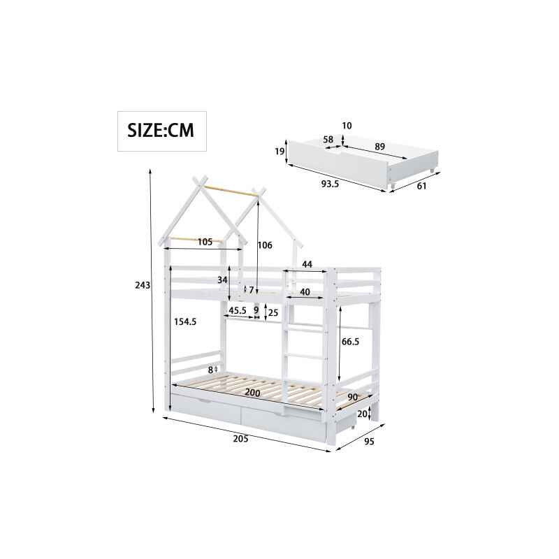 Live House - Lit superposé avec tiroirs et étagères, 90x200cm lit de maison avec échelle à trois marches à angle droit, lit d'enfant avec protection