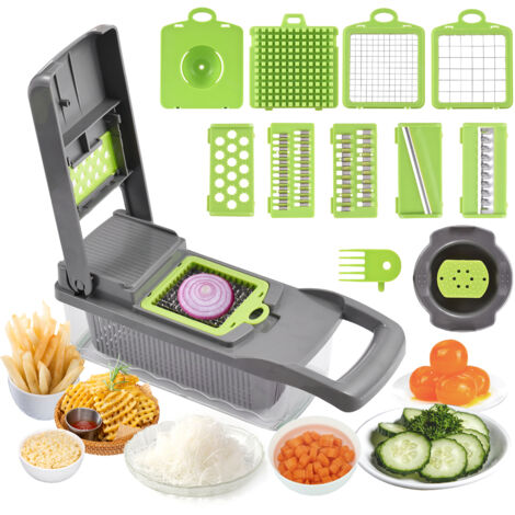 Coupe-Légumes Composite 8in1 - Accessoire de Cuisine Multifonction - Coupeur Trancheur Hachoir avec Boîte 1.2L - ABS & Métal Inoxydable Gris-Vert