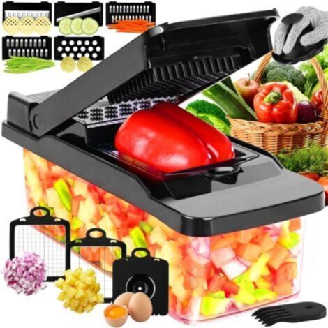 Coupe-légumes multifonctionnel – Lames en acier inoxydable 420 – Hachoir manuel pour trancher, râper et découper en dés – Capacité 1L