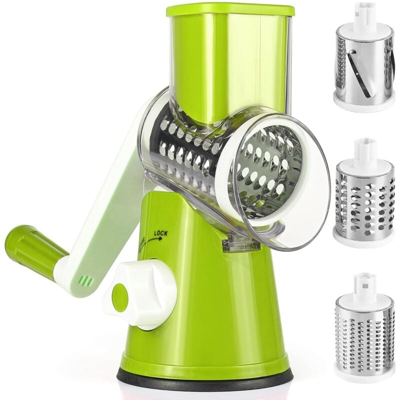 Coupe Legumes Multifonctions avec 3 Lames de Tambour Détachables, coupe legume pour Pommes de Terre, Forte Aspiration, Carottes, Fromage, Noix, etc