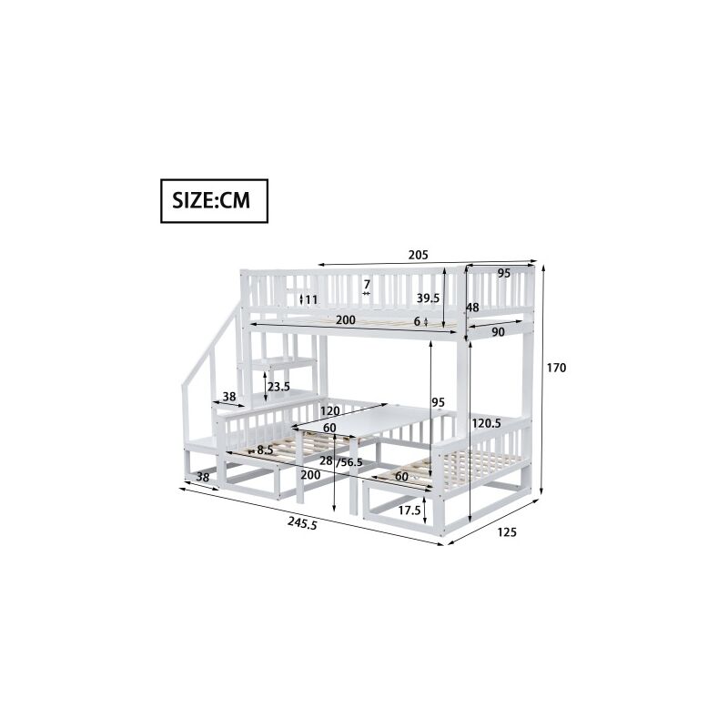 Live House - Lit superposé gain de place avec escalier, avec table réglable, avec canapé en bois, structure robuste en pin, blanc (90x200cm&120x200cm)