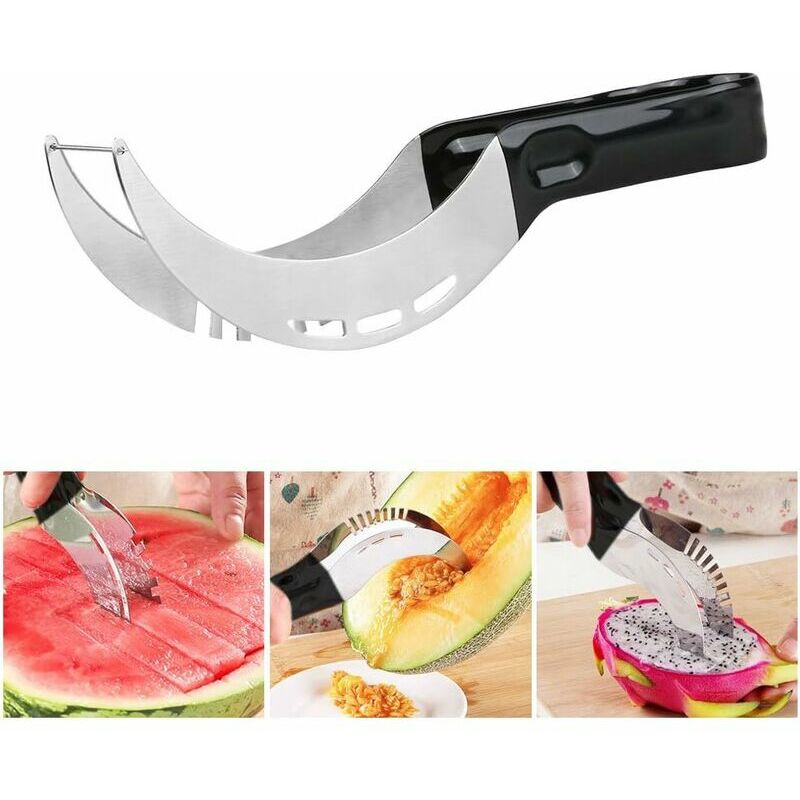 Coupe-pastèque, coupe-melon en acier inoxydable couteau à pastèque couteau à fruits en acier inoxydable pour papaye pitaya melon miel miellat (noir