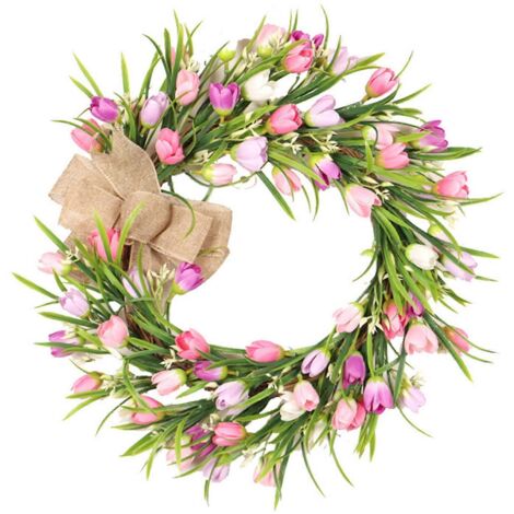 Couronne artificielle de tulipes de 40 cm (16 pouces) pour porte d'entrée, printemps, fleurs en soie avec feuilles et nœud, décoration murale pour la maison ou un mariage