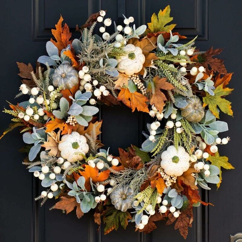 Couronne Automne, Décoration Automnale de Porte, Guirlande Feuille d'automne Citrouille, Feuille Artifici Thanksgiving, Fausse Plante Exterieur