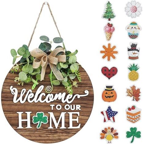 Couronne bienvenue saisonnière interchangeable, décoration porte entrée rustique ferme intérieur extérieur