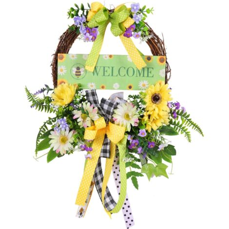Couronne de bienvenue printanière avec fleurs artificielles à suspendre pour porte d'entrée, décoration de porche