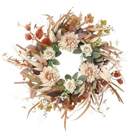 Couronne de fleurs en soie crème café, design réaliste décoration maison, guirlande florale artificielle chic.