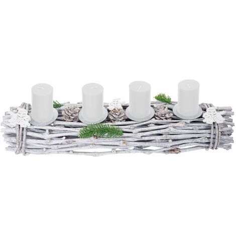 Couronne de l'Avent allongée décoration de Noël bois 60x16x9cm blanc-gris avec bougies blanc 040002558