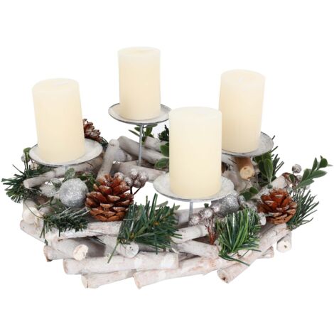 Couronne de l'avent couronne de table décoration de noël bois argent blanc diamètre 30 cm avec bougies 040006548