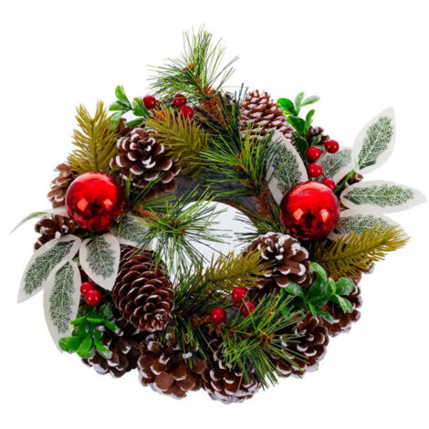 Couronne de l'Avent décoration Noël pommes de pin vert et rouge 22cm