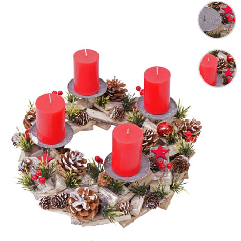 Couronne de l'Avent HWC-H50, décoration, arrangement de Noel, bois, rond Ø 33cm avec 4 bougies rou