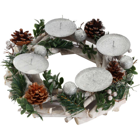 Couronne de l'Avent HWC-M12, Arrangement de l'Avent Couronne de table Décoration de table bois argenté blanc Ø 30cm - sa