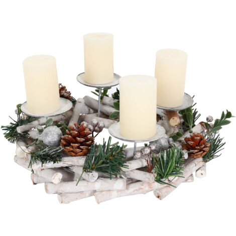Couronne de l'Avent HWC-M12, Arrangement de l'Avent Couronne de table Décoration de table en bois argenté blanc Ø 30cm -